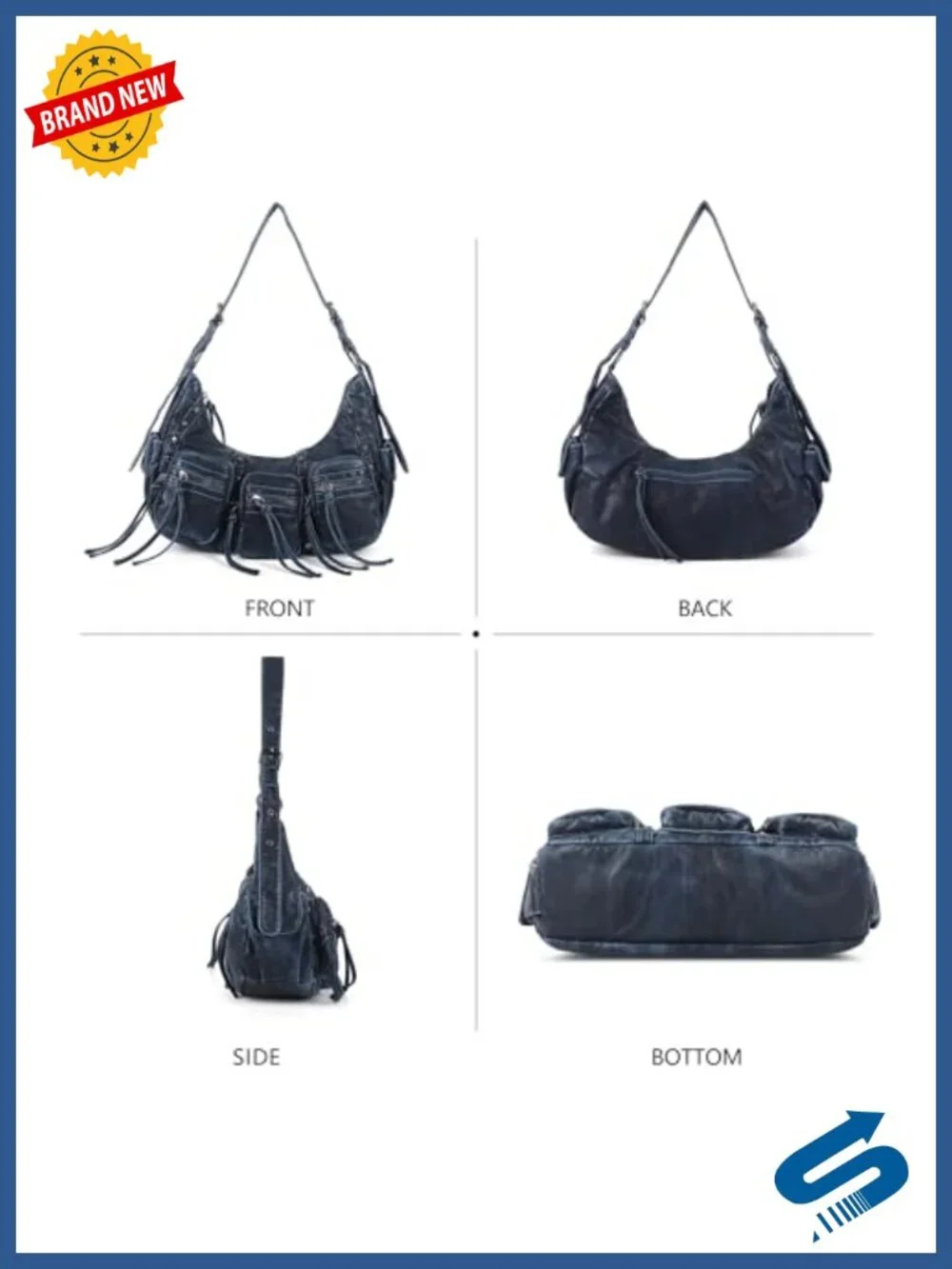 Y2K Hobo Bag with Multi Pockets Vegan Leather Studded Satchel Crossbody